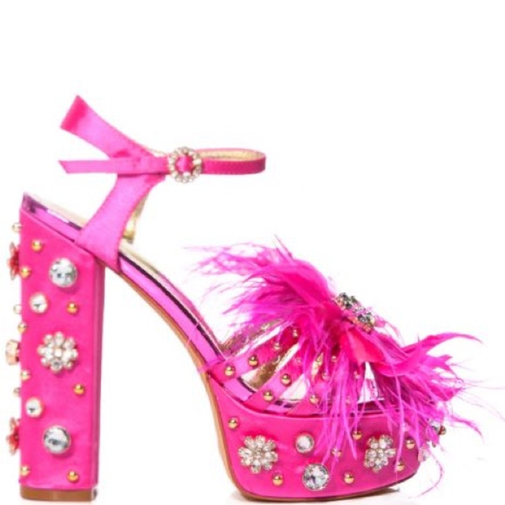 Hot Pink Feather Embellished Platform Heels - Women - Picture 4 of 5